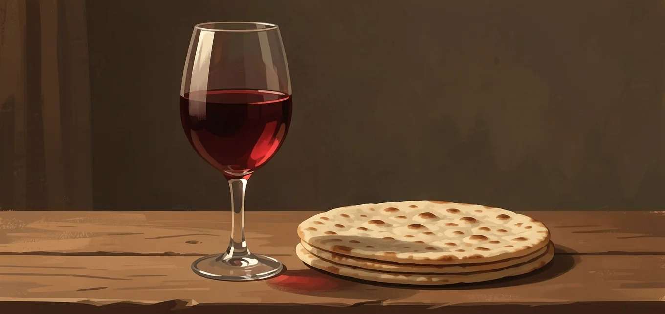 Vino tinto y pan sin levadura sobre una mesa.